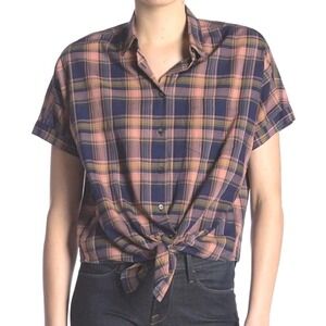 Madewell Short Sleeve Tie-Front Cotton Shirt in Junipero Plaid Size M Medium